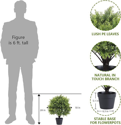 THE BLOOM TIMES 2ft Artificial Christmas Cedar Topiary Ball Trees Outdoor, 24" UV Resistant Faux Potted Plants Outside, Fake Greenery Bushes and Shrubs for Front Porch Planter Set of 2