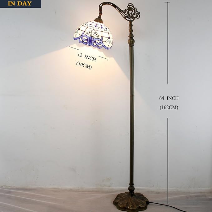 WERFACTORY Tiffany Floor Lamp Navy Blue White Stained Glass Arched Lamp 12X18X64 Inches Gooseneck Adjustable Corner Standing Reading Light Decor Bedroom Living Room S003B Series