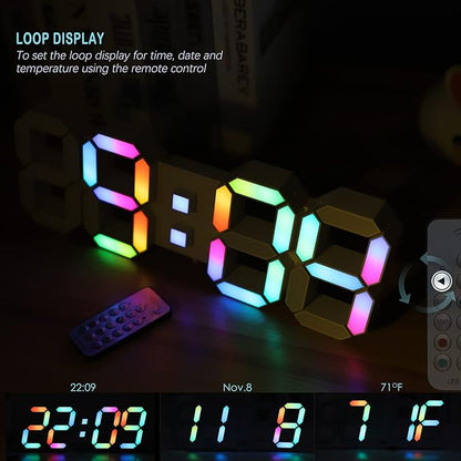 KOSUMOSU LED Wall Clock 15" RGB Digital LED Clock for Living Room Decor, Large Display Gaming Room Clocks, Dimming/12/24 Hr Time/Date/Temp/Remote (White Clock with Neon Light)