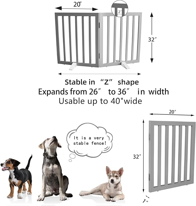 Dog Gate Indoor, Freestanding Dog Fence for The House, Doorways, Hallways,or Stairs,Pet Gate Foldable Wooden,Expandable 32" Height 2 Panels,Grey