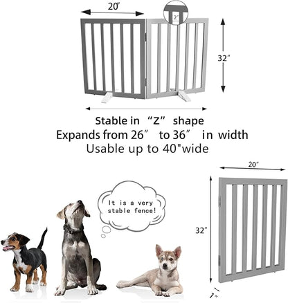 Dog Gate Indoor, Freestanding Dog Fence for The House, Doorways, Hallways,or Stairs,Pet Gate Foldable Wooden,Expandable 32" Height 2 Panels,Grey