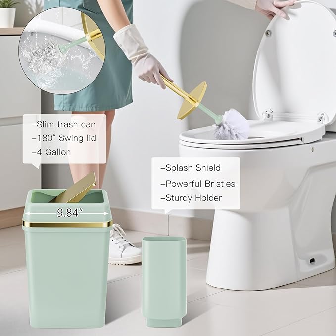 25PCS Bathroom Accessory Set, Green Bathroom Set with Large-Capacity 4 Gallon Trash Can,Bathroom Rugs Set, Waterproof Shower Curtain, Toilet Brush, Toothbrush Holder & Soap Dispenser