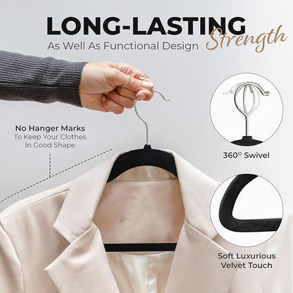50 Pack Velvet Hanger for Shirt Pants Dresses Skirts Suits Jackets - Slim Space Saving Design - Standard Coat Hanger - Sturdy & Durable Design with Shoulder Grooves Hook - Black
