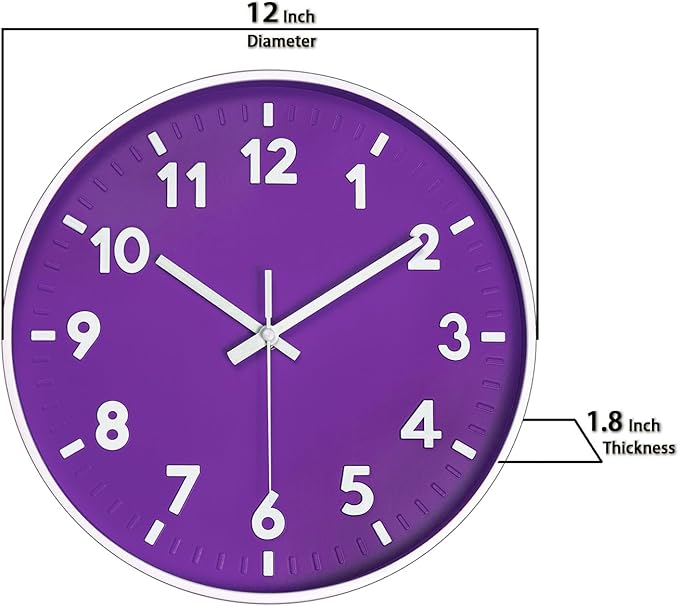 JENLYSTIME 12 Inch Modern Indoor Outdoor Clock,Round Bright Colorful Dial,Non Ticking Silent Quartz Battery Operated Wall Clocks,Easy to Read Simple Style Decor Clock for Bedroom,Kitchen(Purple)