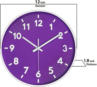 JENLYSTIME 12 Inch Modern Indoor Outdoor Clock,Round Bright Colorful Dial,Non Ticking Silent Quartz Battery Operated Wall Clocks,Easy to Read Simple Style Decor Clock for Bedroom,Kitchen(Purple)