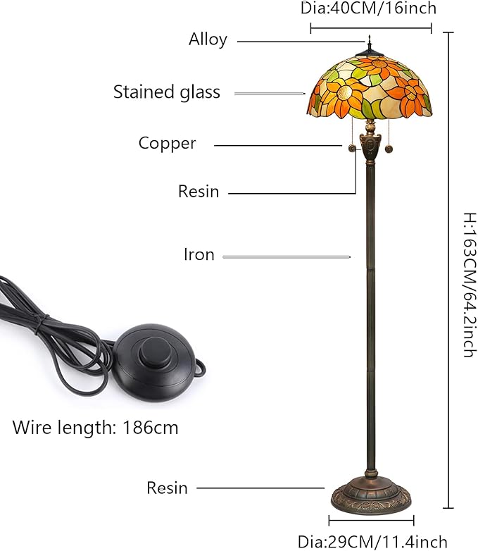 Tiffany Floor Lamp Sunflower Yellow Stained Glass Floor Light Bright Lighting Rustic Standing Lamp Vintage Unique Bronze Reading Corner Lamp for Home Decor Living Room Bedroom 16X16X64 Inches