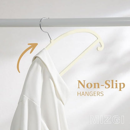 MIZGI 50 Pack Ivory Velvet Hangers - No Shoulder Bumps, Heavy Duty Non-Slip Chrome Hooks for Jackets, Coats, Pants