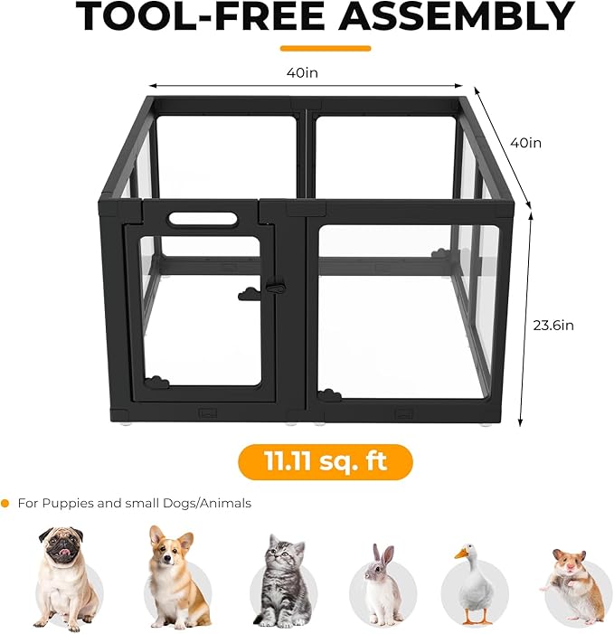 Acrylic Dog Playpen Indoor, Clear Dog Play Pen for Puppies and Small Dogs, Easy Assembly & Clean Puppy Pen (23.6", 8 Panels, Black)