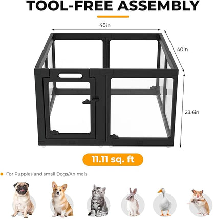 Acrylic Dog Playpen Indoor, Clear Dog Play Pen for Puppies and Small Dogs, Easy Assembly & Clean Puppy Pen (23.6", 8 Panels, Black)