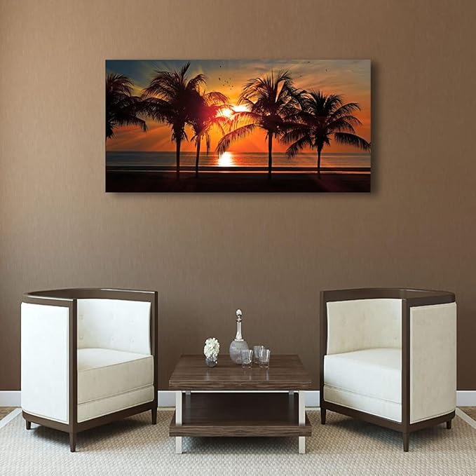 Beach Canvas Wall Art Seascape Theme Pictures Home Decor Blue Ocean Coconut Tree Sunset Prints Paintings for Living Room Bathroom Bedroom Kitchen Office Decoration Natural Scenery Artwork 28x57 inches