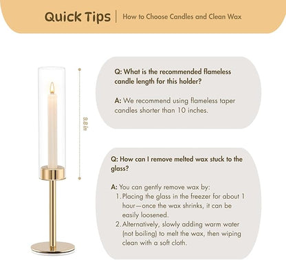 Gold Hurricane Candle Holders Set of 6, Tall Metal & Windproof Glass Taper Candle Holders, Outdoor/Indoor Table Centerpieces for Weddings, Christmas, Parties, Fireplace Decor
