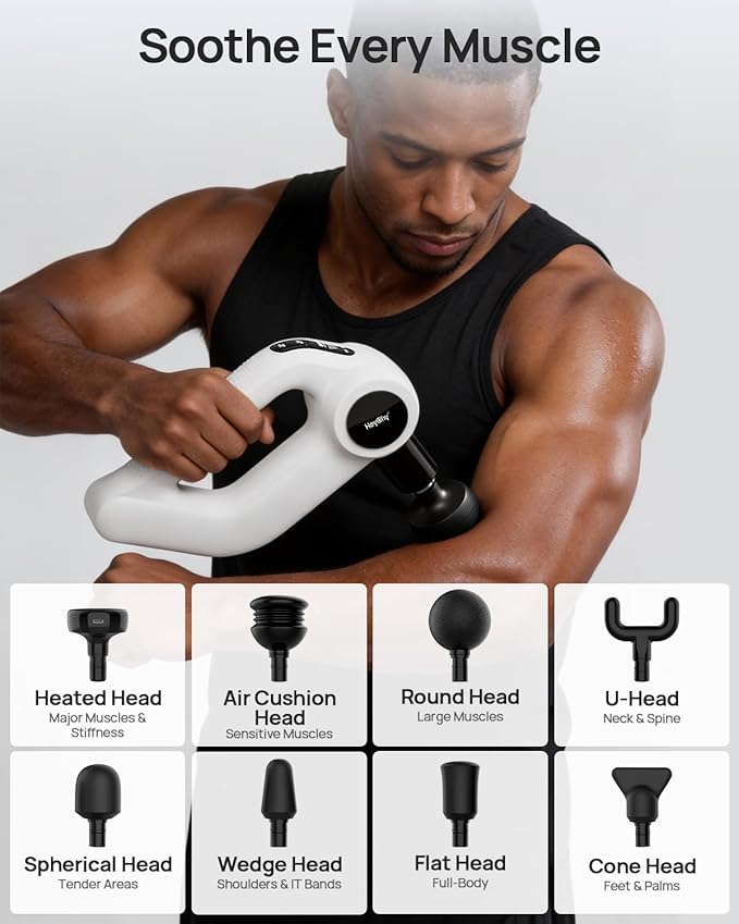 Massage Gun Deep Tissue with Heat Therapy, 12mm Amplitude Muscle Massager for Athletes, 5 Speeds & 4 Modes Massager Gun for Neck Back Shoulder Leg Pain Relief - Ideal Gift for Men, White