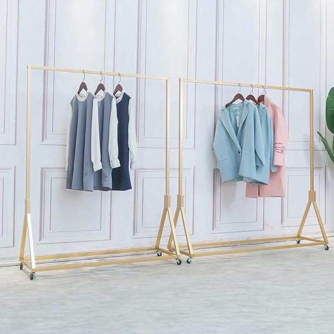 Clothing Store Modern Rolling Clothing Display Stands with Wheels,Storage Shoe Bag Pipe Shelf,Organization Garment Rack,Home Clothes Hanging Shelves（Gold without Wood Board, 47.2" L）