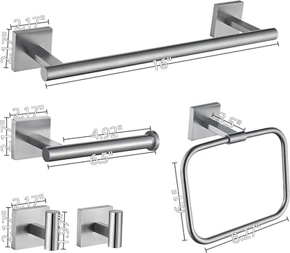 16" Brushed Nickel Bathroom Hardware Set 5-Piece, Fingerprint-Free SUS304 Stainless Steel Towel Bar for Small Bath & RV, Modern Square Bath Accessories Kit (Brushed Nickel)