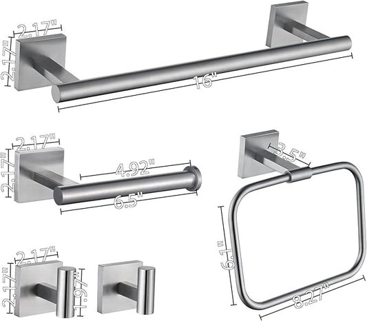 16" Brushed Nickel Bathroom Hardware Set 5-Piece, Fingerprint-Free SUS304 Stainless Steel Towel Bar for Small Bath & RV, Modern Square Bath Accessories Kit (Brushed Nickel)