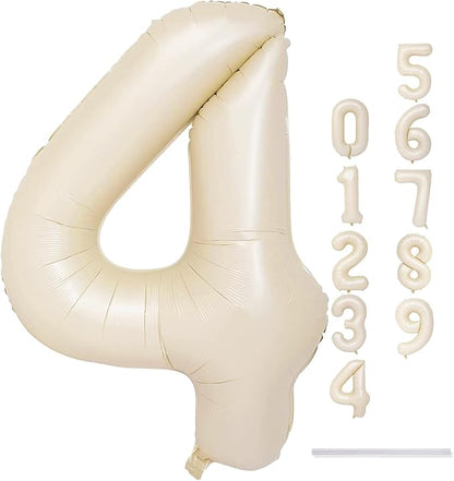 Cream 4 Balloons, 40 Inch Large Beige Foil Number Balloons Set 0-9, Self Inflating White Sand Digital 4 Helium Balloon for Boys Girls Women Birthday Anniversary Party Decorations Photo Shoot Supplies