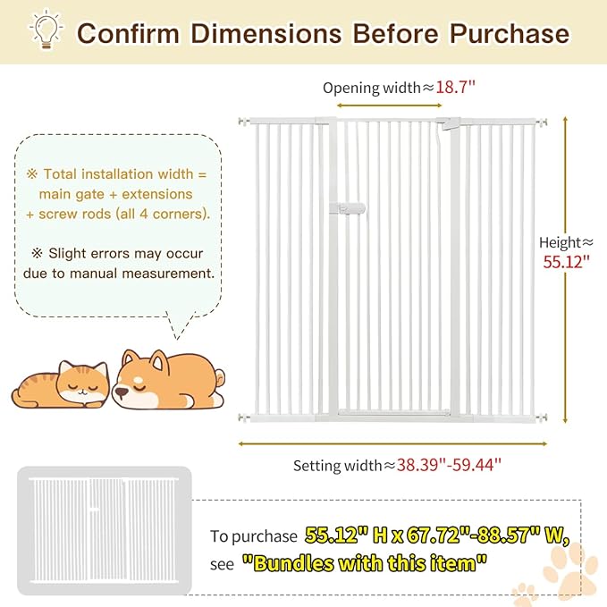 Lumizone Extra Tall Cat Gate 55.12" High Pressure Mounted Extra Wide 2025 New (17 Sizes) 1.37" Gap No Drilling Auto-Close One-Handed Operation Tall Pet Gate for Dogs(White, 55.12" H x 38.39"-59.44" W)