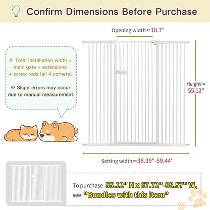 Lumizone Extra Tall Cat Gate 55.12" High Pressure Mounted Extra Wide 2025 New (17 Sizes) 1.37" Gap No Drilling Auto-Close One-Handed Operation Tall Pet Gate for Dogs(White, 55.12" H x 38.39"-59.44" W)