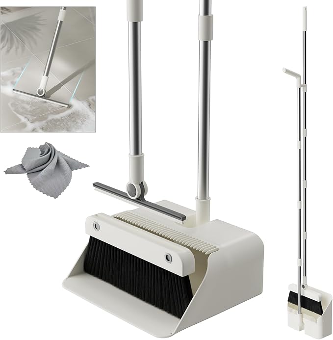 Magnetic Broom and Dustpan Set with Silicone Squeegee, 55'' Broom with Dustpan Combo Set Self-Cleaning Teeth Design Upright Standing Dustpan with Grey Microfiber Cloth for Indoor Floor Home Kitchen