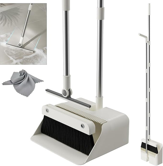 Magnetic Broom and Dustpan Set with Silicone Squeegee, 55'' Broom with Dustpan Combo Set Self-Cleaning Teeth Design Upright Standing Dustpan with Grey Microfiber Cloth for Indoor Floor Home Kitchen