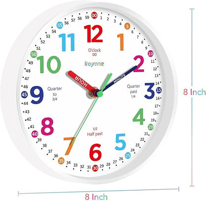 Wall Clock for Kids Learning to Tell Time Non Ticking Battery Operated Kids Teaching Clock Small Teaching Time Clock Decorative for Kids Room Classroom School (8 Inch)