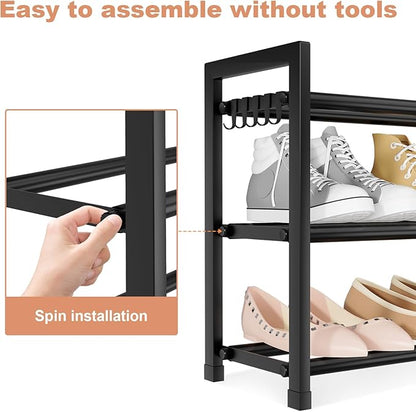 Adjustable 18"-33" Expandable Shoe Rack for Closet 12 Pairs Small Spaces 3 Tier Shoe Organizer with 5 Hooks Metal Shoe Shelf for Entryway, Bedroom