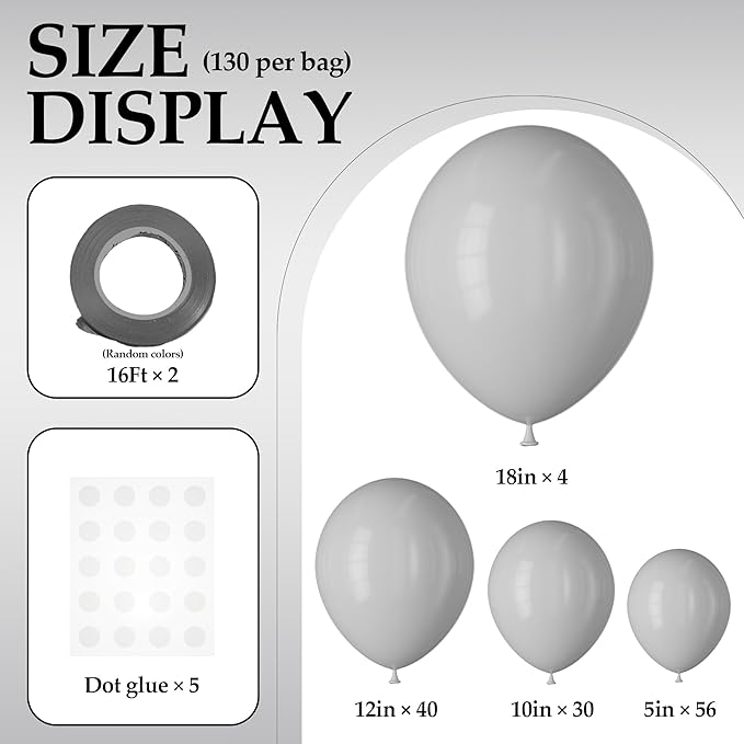 130PCS PastelGrey Balloons, Latex Balloon Different Sizes 18/12/10/5 Inch, Helium Balloons with Ribbon, Party Balloon Set for Birthday Wedding Graduation Anniversary Baby Shower Decoration