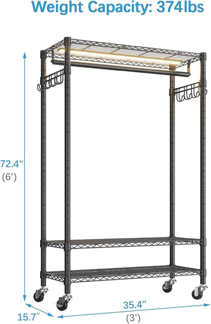 VIPEK R3L Garment Rack Rolling Clothes Rack with Dimmable Led Light, Portable Closet for Hanging Clothes Heavy Duty Wardrobe with Wheels & Side Hooks, Clothing Rack with Adjustable Shelves, Black