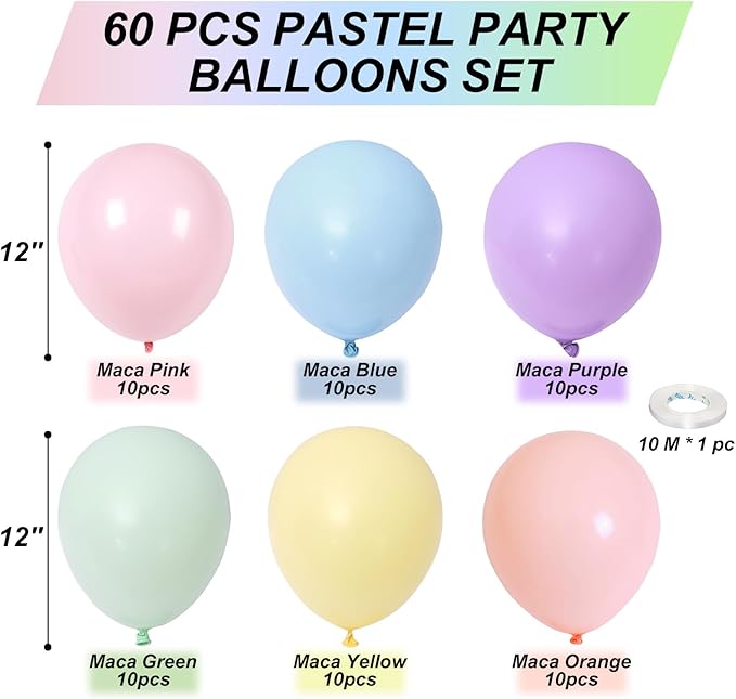 60 PCS Pastel Balloons, 12 Inch Macaron Latex Balloon Pastel Multicolor Party Balloons Assorted Color Rainbow Helium Balloon for Girl Birthday Wedding Anniversary Baby Shower Party Decorations