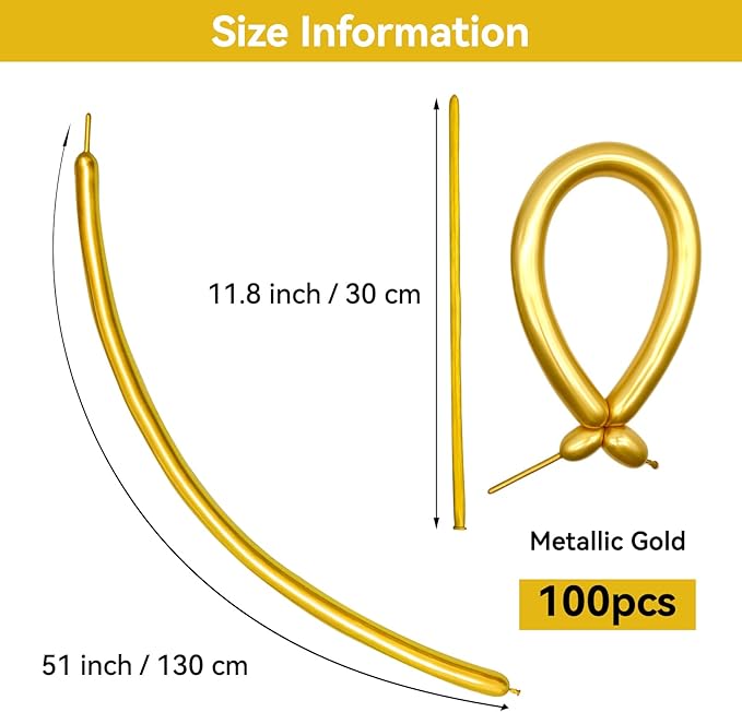 Metallic Gold Long Balloons Premium 260 Twisting Animals Magic Balloons for Birthday Kids Wedding Party Supply 100pcs