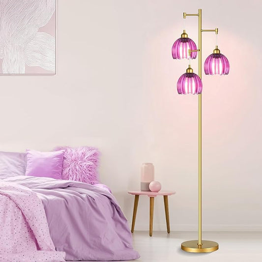 Gold Floor Lamps for Living Room Bedroom-3 Light Glass Floor Lamp with Three Led Bulb,Vintage Tall Lamp Mid Century Modern Standing Lamp Tree Floor Lamp for Bedroom Living Room,Office,Corner