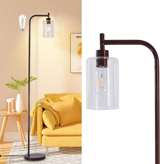 DLLT Floor Lamp Tall for Room: Brown Standing Lamp with Clear Glass Lampshade for Living Room - Modern Bright Lamp for Bedroom - Industrial Corner Floor Lamps for Office 8W Led Bulb Included