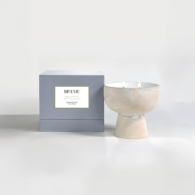 Blueme Balance Candle | White Lotus & Tea | 2 Wick - Refillable Wellness Candle with Essential Oils, Hand Finished & Poured Soy Wax Blend Ceramic Vessel, Natural Cotton Wicks | Medium 12 oz