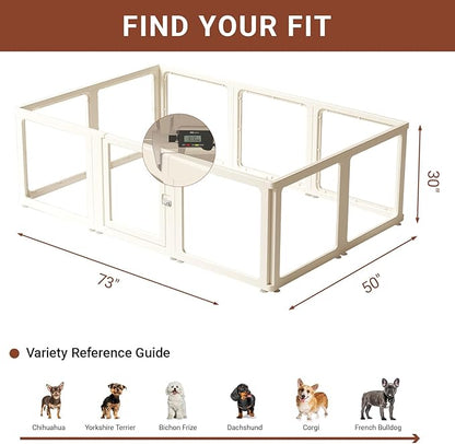 Transparent 10-Panel Dog Playpen, Acrylic Indoor/Outdoor Puppy Pen for Small & Medium Dogs, 30 Inch with Door, White(Fully Transparent 74 * 50 Single Room,30 inch)