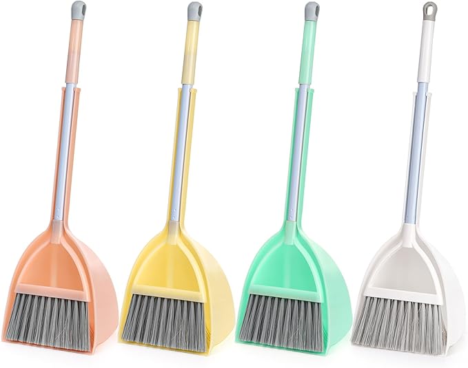Nicunom Set of 4 Mini Broom with Dustpan for Kids, Children Broom and Dustpan Set Toddler Cleaning Set Boys Girls Little Housekeeping Helper Set for Kitchen Bathroom Pet