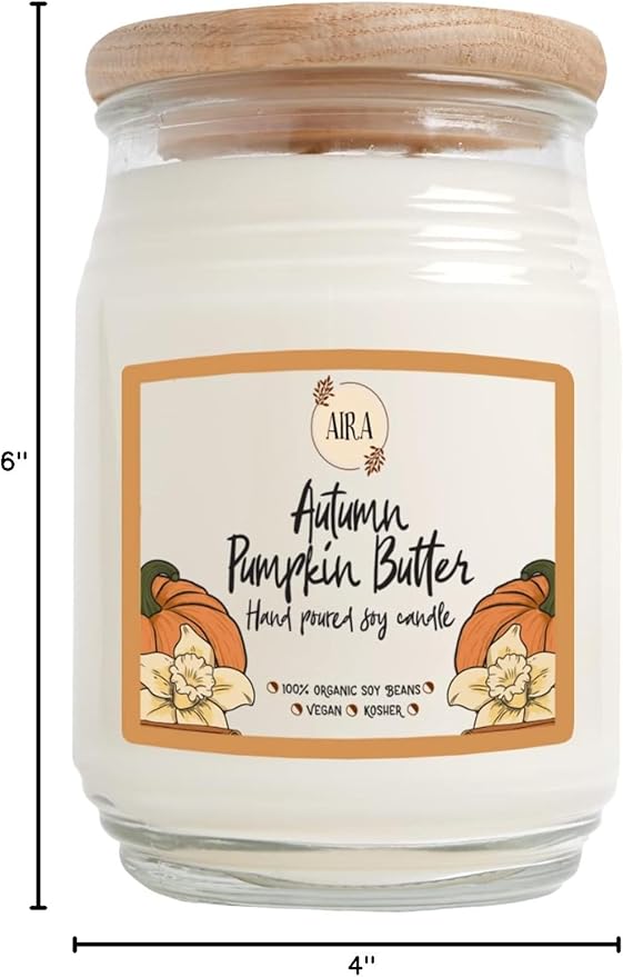 Aira Fall Soy Candles - Organic, Kosher, Vegan, Farmhouse Candle w/Aromatherapy Essential Oils - Hand-Poured 100% Soy Candle Wax - Paraffin Free, Burns 150+ Hours - Autumn Pumpkin Butter - 20 Ounces