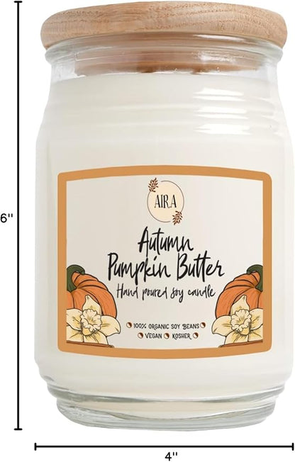 Aira Fall Soy Candles - Organic, Kosher, Vegan, Farmhouse Candle w/Aromatherapy Essential Oils - Hand-Poured 100% Soy Candle Wax - Paraffin Free, Burns 150+ Hours - Autumn Pumpkin Butter - 20 Ounces
