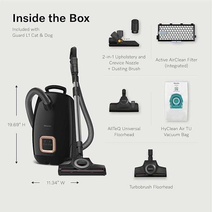 Miele New Guard L1 Cat & Dog Bagged Canister Vacuum for Pet Owners with Odor-Reducing Active AirClean Filter, TurboTeQ Floorhead, and AllTeQ Universal Floorhead, in Obsidian Black/Rose Gold