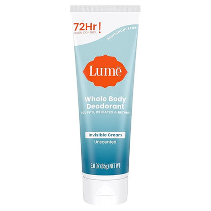 Lume Whole Body Deodorant - Invisible Cream Tube - 72 Hour Odor Control - Aluminum Free, Baking Soda Free, Skin Safe - 3.0 ounce (Unscented)
