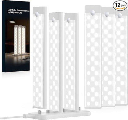 12 Packs Under Cabinet Lighting with 2 Charging Station 8 Inches, Rechargeable Motion Sensor Light Indoor, 3 Color Dimmable Closet Light, USB Led Stick on Under Counter Lights for Kitchen Shelf