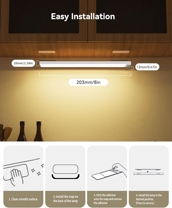 3 Packs Under Cabinet Lighting with Charging Station 8 Inches, Motion Sensor Light Indoor Rechargeable, 3 Color Dimmable Closet Light, USB Led Stick on Under Counter Lights for Kitchen Pantry