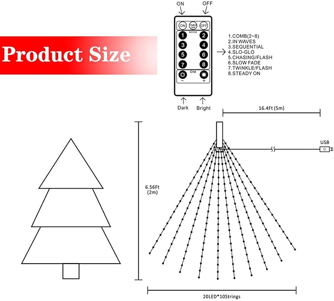 AWQ 200 LED 6.6FTx10 Christmas Tree String Lights 8 Modes LED Fairy String Lights USB Powered with Remote Control for Christmas Tree Wedding Party Home Decoration