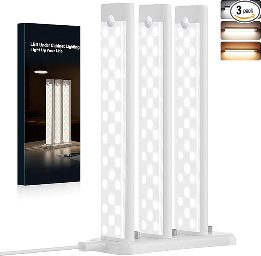 3 Packs Under Cabinet Lighting with Charging Station 8 Inches, Motion Sensor Light Indoor Rechargeable, 3 Color Dimmable Closet Light, USB Led Stick on Under Counter Lights for Kitchen Pantry