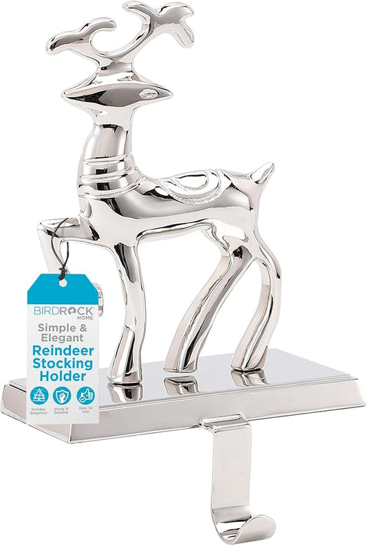 BIRDROCK HOME Christmas Stocking Holders for Mantle - Weighted Metal Hanger for Stockings & Holiday Decor - Sturdy Metal Hook for Fireplace, Staircase & Shelf - Non-Scratch Base - Reindeer