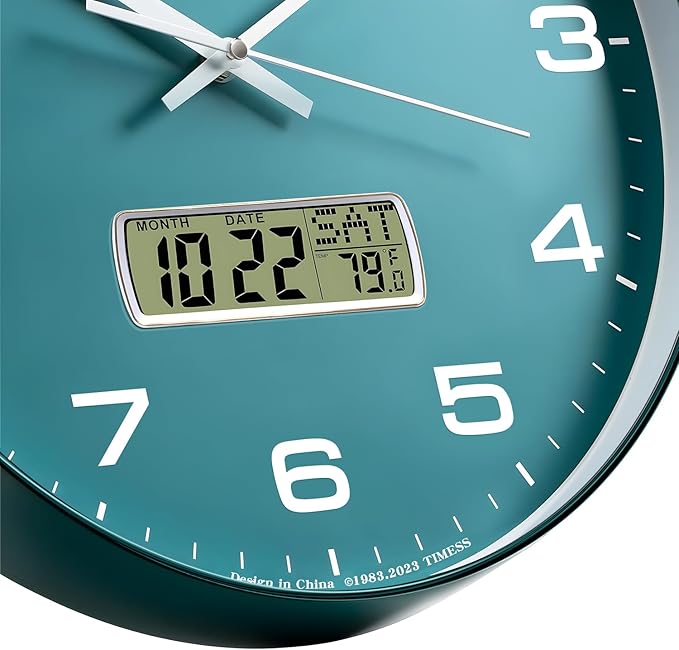 Wall Clock, 10" Dial Non-Ticking Silent Battery Operated Analog with LCD Display for Perpetual Calendar and F° Temperature, Ideal Modern Home, Office Decor (Green)