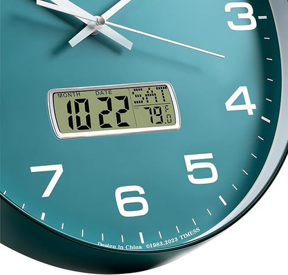 Wall Clock, 12" Dial Non-Ticking Silent Battery Operated Analog with LCD Display for Perpetual Calendar and F° Temperature, Ideal Modern Home, Bedroom, Kitchen, Office Decor (Green)