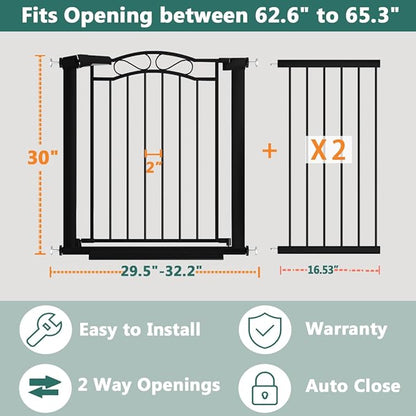 Fairy Baby 62.6"-65.3" Extra Wide Baby Gate with Door, 63 64 65 Inches Walk THR Baby Gates for Stairs Pressure Mounted no Drill, Indoor Tension Metal Child Pet Dog Safety Gate for Kids, Black