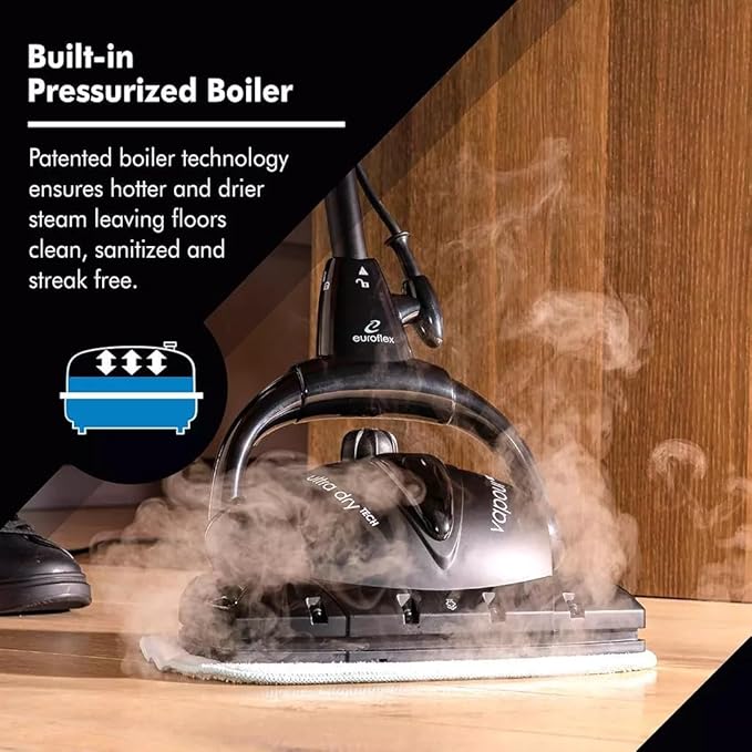 Euroflex Vapour 9-Piece Steam Mop; Ultra Dry Steam Technology; Commercial-Grade 295°F & 50 PSI; Designed & Engineered in Italy; Safe for Steam Cleaning Hardwood & Luxury Vinyl Plank; 5 Year Warranty