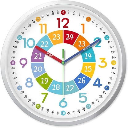 XFM Learning Clock for Kids Silent Non Ticking Battery Operated Colorful Teaching Time Clock 8 Inch Small Analog Clock for Kids Room Classroom School Playroom