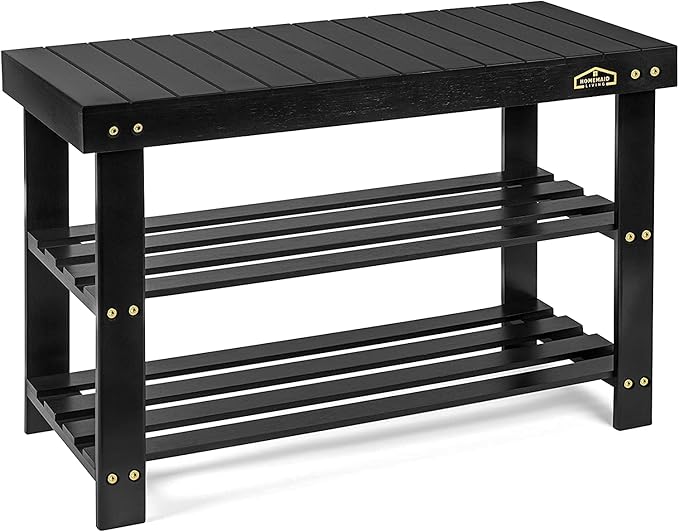 Homemaid Living Bamboo 3 Tier Shoe Rack Bench, Premium Shoe Organizer or Entryway Bench, Perfect for Shoe Cubby, Entry Bench, Bathroom Bench, Entryway Organizer, Hallway or Living Room(Black)